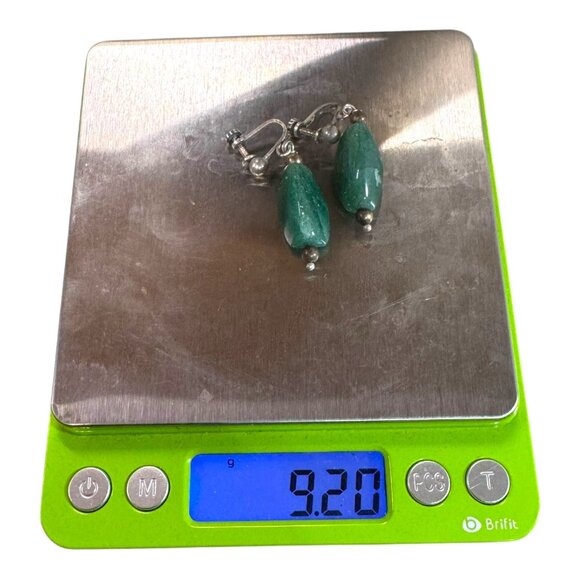 Vintage Green Aventurine & Silver Screw Back Earrings Clip On Gemstone Dangle - Picture 4 of 6
